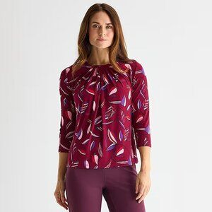 NWT Liz Claiborne Women’s Crew Neck 3/4 Sleeve Blouse, Leaves Print, Burgundy